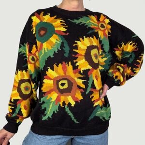 Christine Foley Sunflower Floral Knit Sweater Black Vintage Vtg Black Cotton L